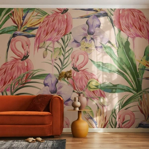 Fotomural Standard Eco - Un ballet rosa en flores - Pájaro, Flamenco, Selva - 150x105 cm
