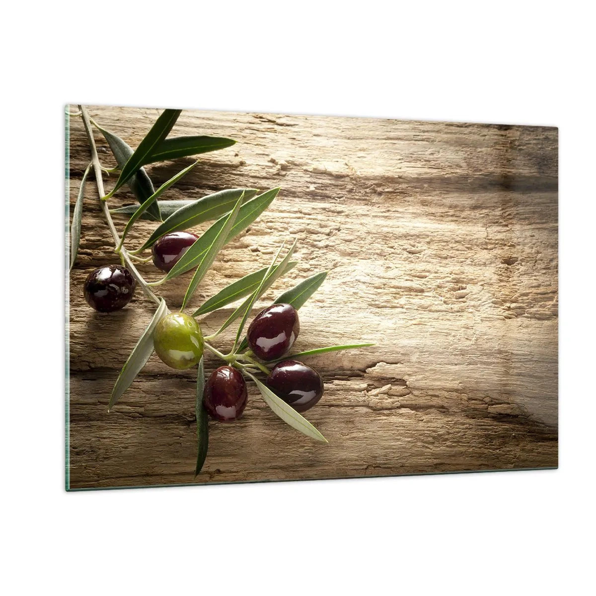Cuadro sobre vidrio - Impresiones sobre Vidrio - Rama de olivo sobre un fondo de madera - 120x80cm - Directamente de la naturaleza - Decoración de pared moderna para salón y dormitorio ARTTOR