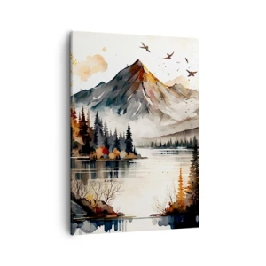 Cuadro sobre lienzo - Impresión de Imagen - Paisaje otoñal de montaña con lago y árboles en acuarela - 50x70cm - Otoño dorado en las montañas - Decoración de pared moderna para salón y dormitorio ARTTOR