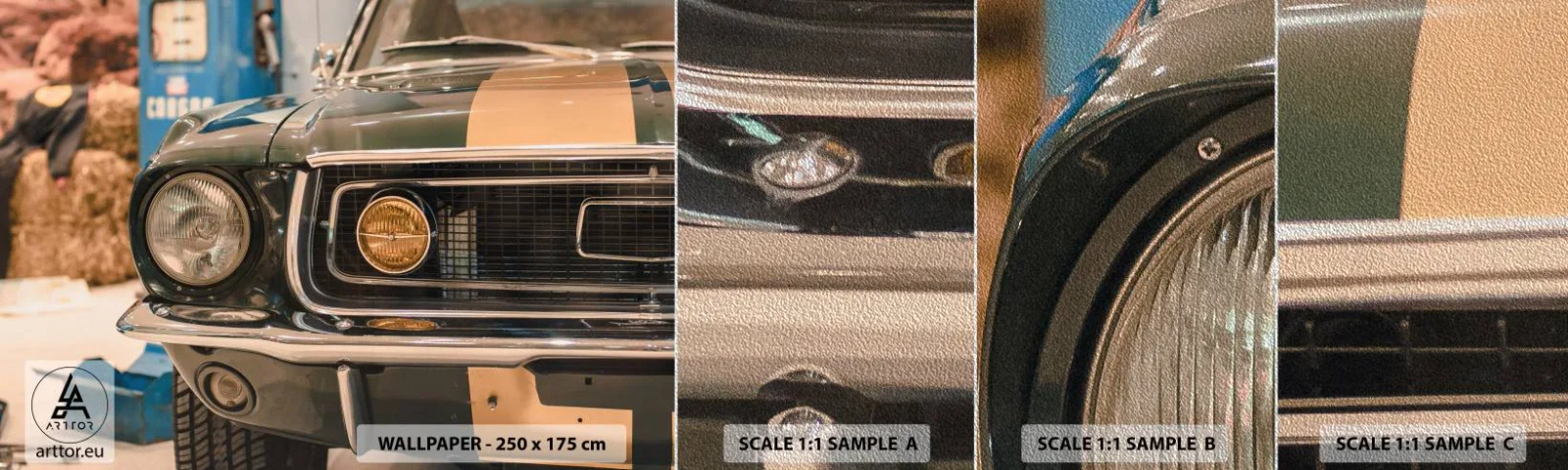 Muestra de fotomural Premium Sand - Encuentro con una leyenda - Auto, Automotor, Vieja escuela - 100x30 cm