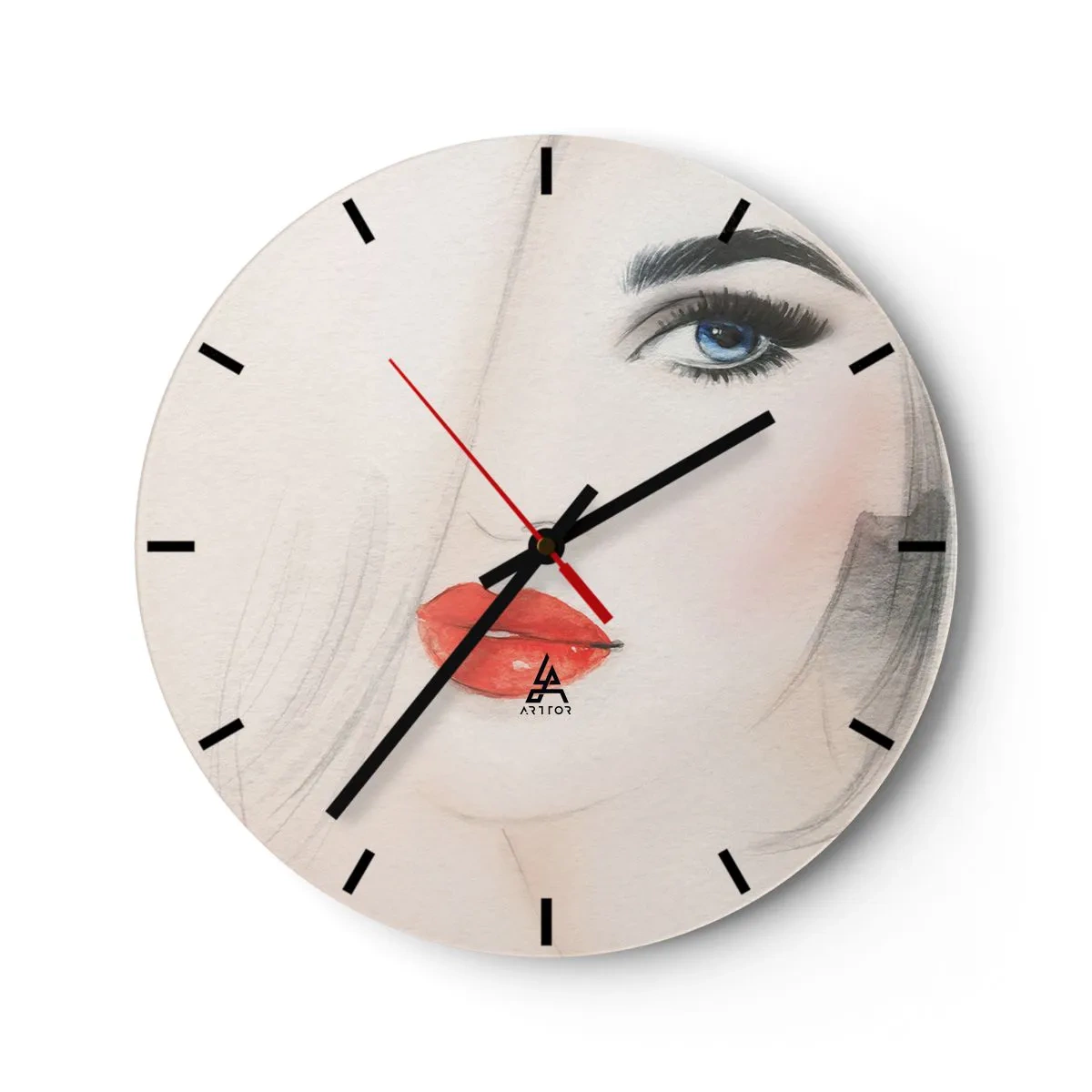 Reloj de pared - Reloj de vidrio - Retrato artístico de una mujer con labios rojos y ojos azules. - 30x30cm - Hipnotiza y embriaga - Decoración de pared moderna para salón, cocina y dormitorio ARTTOR