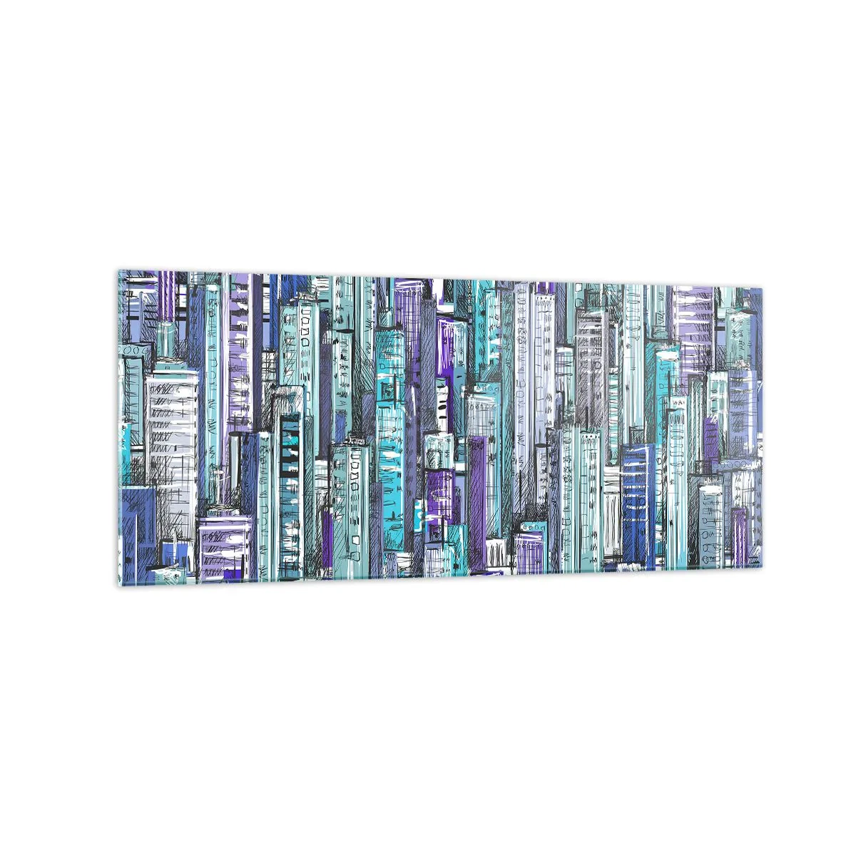Cuadro sobre vidrio - Impresiones sobre Vidrio - Ilustración de una ciudad con edificios geométricos en tonos azules y morados. - 120x50cm - Azul del cielo - Decoración de pared moderna para salón y dormitorio ARTTOR