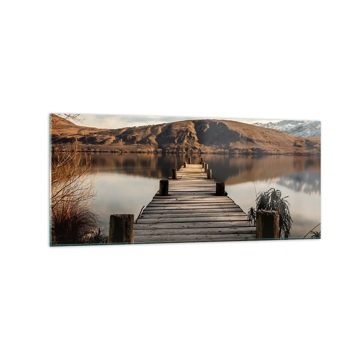 Cuadro sobre vidrio - Impresiones sobre Vidrio - Un muelle de madera sobre un lago rodeado de pintorescas colinas. - 120x50cm - Un paisaje en silencio - Decoración de pared moderna para salón y dormitorio ARTTOR