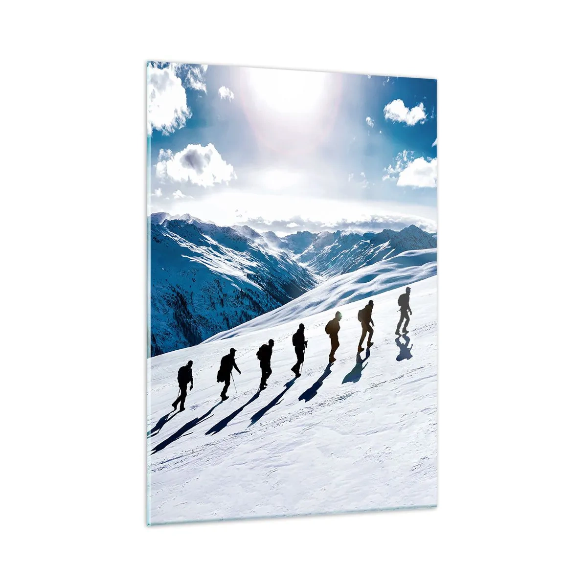 Cuadro sobre vidrio - Impresiones sobre Vidrio - Grupo escalando una ladera nevada en las montañas - 50x70cm - Equipo de conquistadores - Decoración de pared moderna para salón y dormitorio ARTTOR
