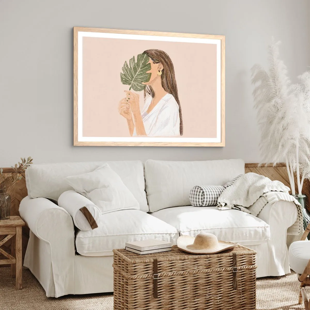 Póster en marco roble claro - Retrato misterioso con un abanico - 70x50 cm