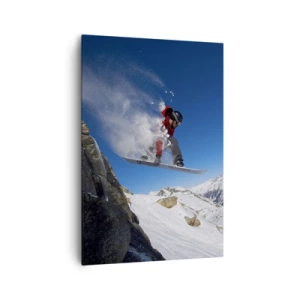 Cuadro sobre lienzo - Impresión de Imagen - Un snowboarder salta desde una roca frente a un paisaje montañoso. - 70x100cm - Y te convertiste en parte del lugar - Decoración de pared moderna para salón y dormitorio ARTTOR