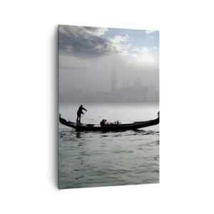 Cuadro sobre lienzo - Impresión de Imagen - Una góndola se desliza por las aguas de Venecia en una mañana brumosa, con vistas a la ciudad. - 70x100cm - Una fabulosa ciudad de agua y niebla - Decoración de pared moderna para salón y dormitorio ARTTOR