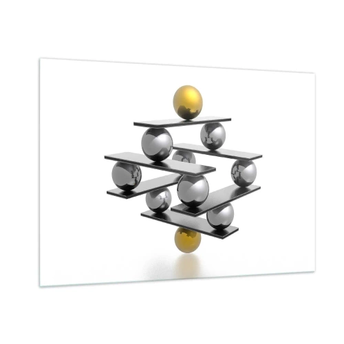 Cuadro sobre vidrio - Impresiones sobre Vidrio - Composición geométrica con bolas y plataformas sobre fondo blanco. - 100x70cm - Balance de oro y plata - Decoración de pared moderna para salón y dormitorio ARTTOR