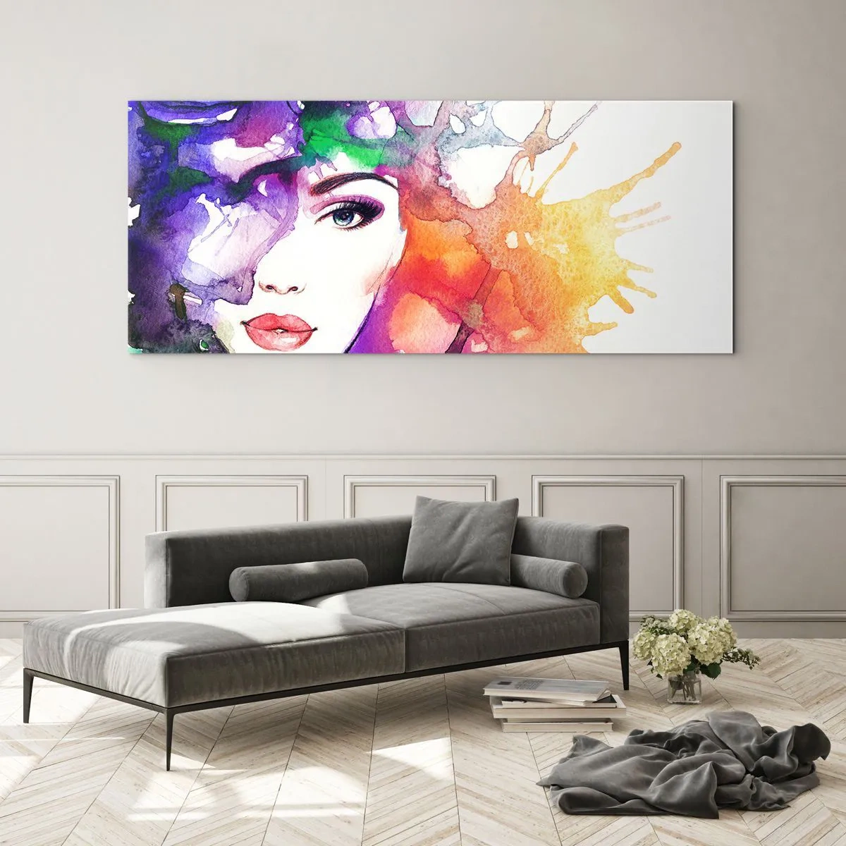 Cuadro sobre vidrio - Impresiones sobre Vidrio - Retrato de una mujer en colores de acuarela con manchas abstractas. - 160x50cm - Con la cabeza en las nubes - Decoración de pared moderna para salón y dormitorio ARTTOR