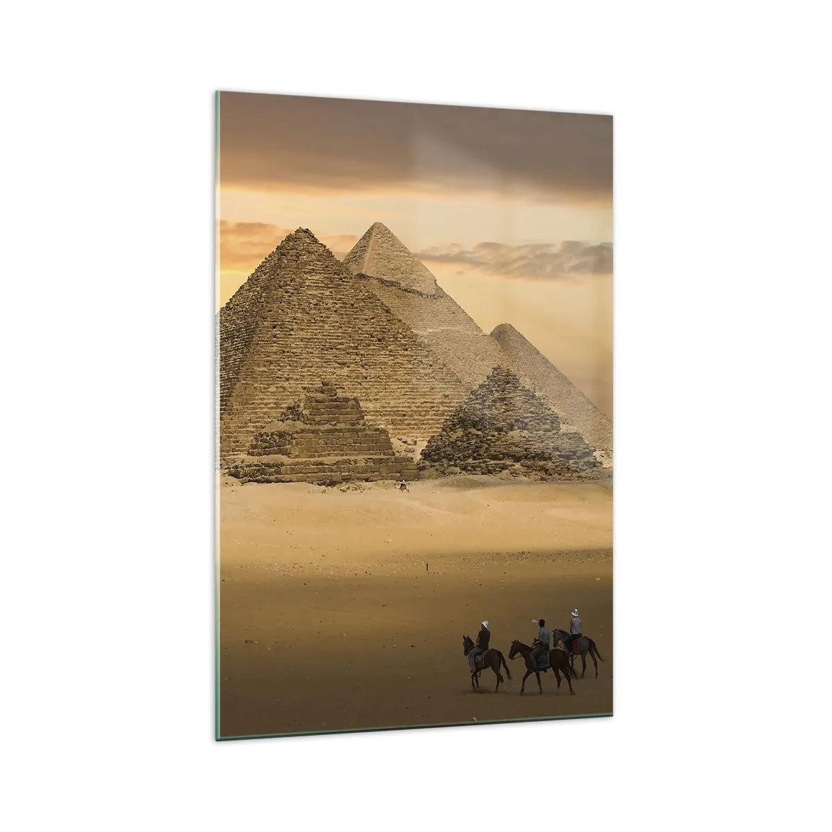 Cuadro sobre vidrio - Impresiones sobre Vidrio - Pirámides de Egipto al atardecer con jinetes a caballo - 70x100cm - Sin cambios desde hace miles de años - Decoración de pared moderna para salón y dormitorio ARTTOR