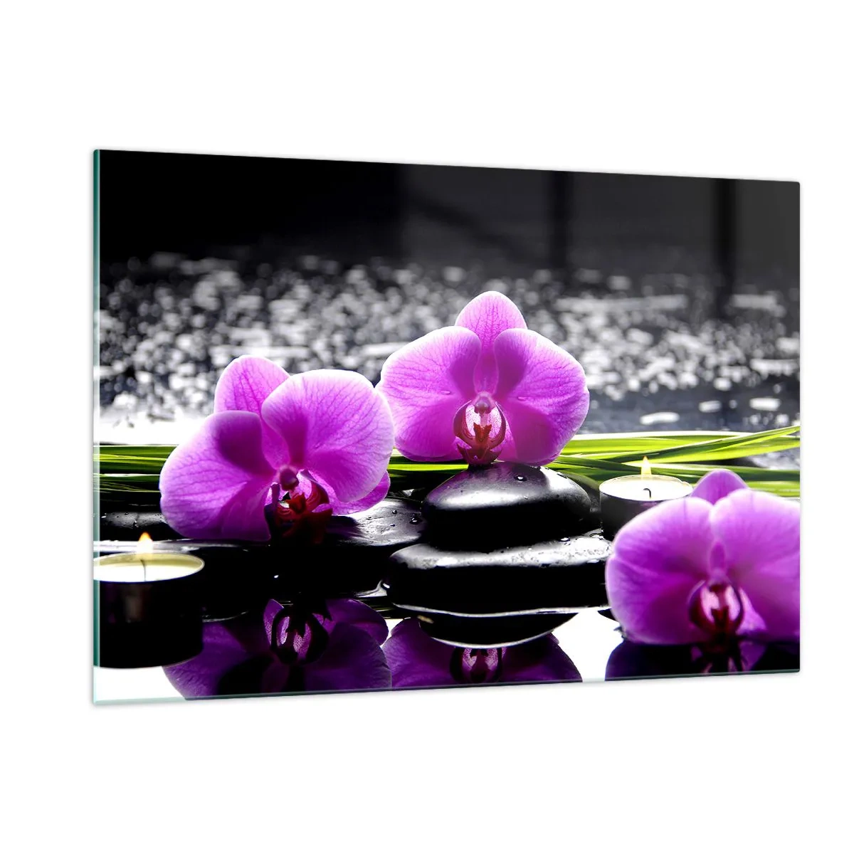 Cuadro sobre vidrio - Impresiones sobre Vidrio - Orquídeas moradas con piedras y velas sobre un fondo de agua. - 120x80cm - Ahogarse en la paz y la tranquilidad - Decoración de pared moderna para salón y dormitorio ARTTOR