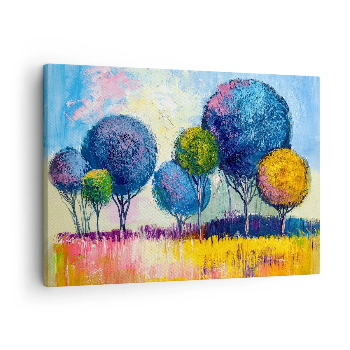 Cuadro sobre lienzo - Impresión de Imagen - Árboles coloridos en forma de bola con el paisaje como telón de fondo - 70x50cm - Una esfera: la forma de un ideal - Decoración de pared moderna para salón y dormitorio ARTTOR