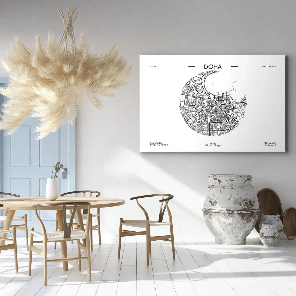 Cuadro sobre lienzo - Impresión de Imagen - Un mapa minimalista de Doha en blanco y negro con detalles precisos. - 70x50cm - Anatomía de Doha - Decoración de pared moderna para salón y dormitorio ARTTOR