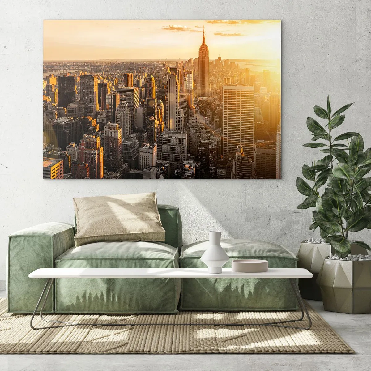 Cuadro sobre vidrio - Impresiones sobre Vidrio - El horizonte de la ciudad de Nueva York al atardecer - 100x70cm - Creciendo al sol - Decoración de pared moderna para salón y dormitorio ARTTOR