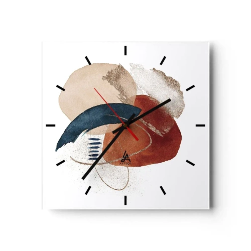 Reloj de pared - Reloj de vidrio - Una composición abstracta con manchas en tonos tierra y azul marino. - 30x30cm - Composición ovalada - Decoración de pared moderna para salón y dormitorio ARTTOR