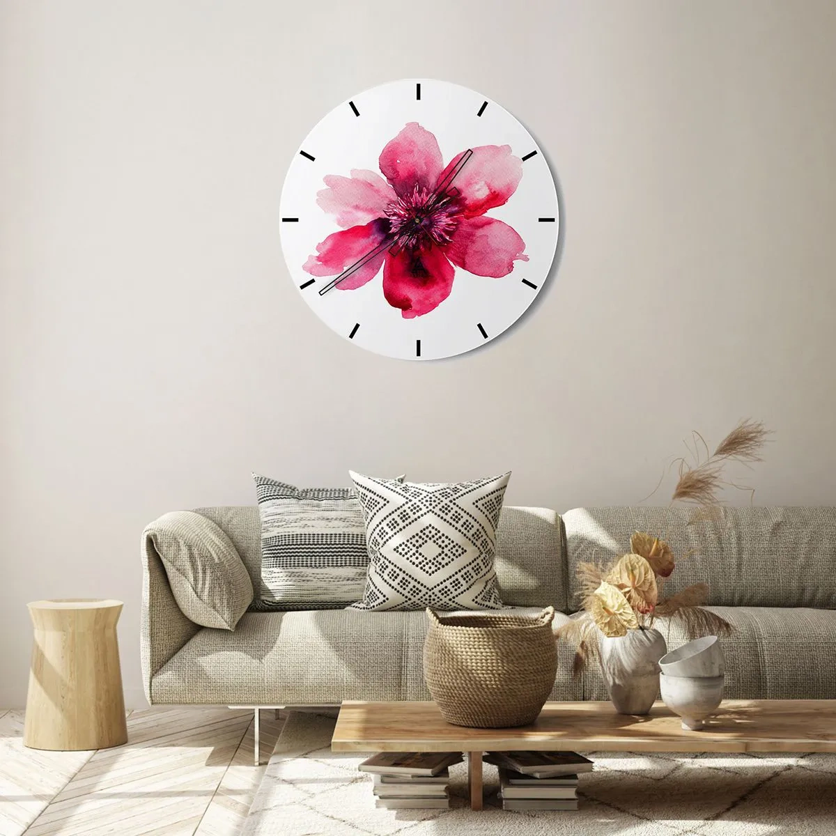 Reloj de pared - Reloj de vidrio - Composición floral roja en acuarela - 30x30cm - Un beso con aroma a carmín - Decoración de pared moderna para salón, cocina y dormitorio ARTTOR