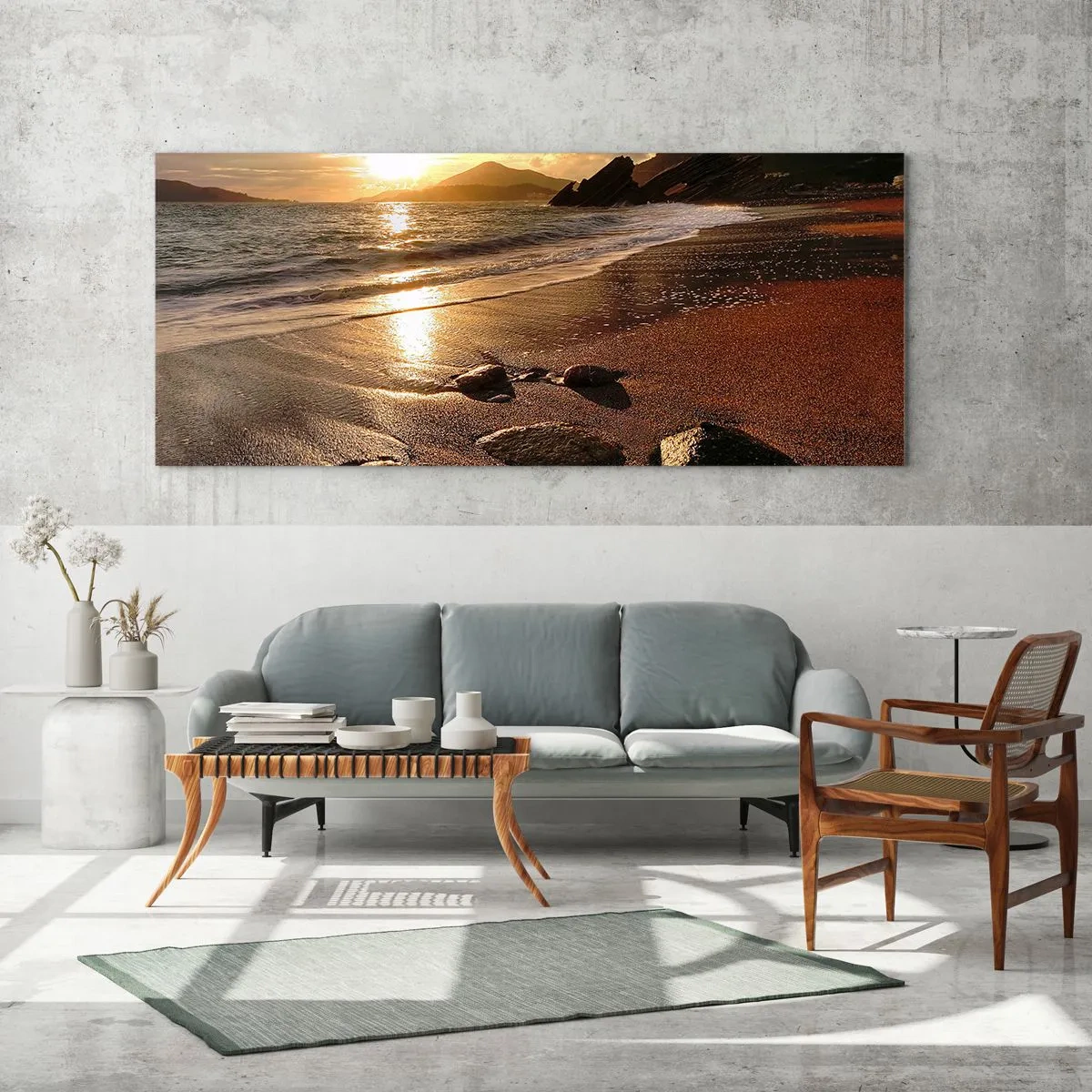 Cuadro sobre vidrio - Impresiones sobre Vidrio - Playa al atardecer con piedras en la orilla - 120x50cm - Sigue el sol hacia las colinas - Decoración de pared moderna para salón y dormitorio ARTTOR