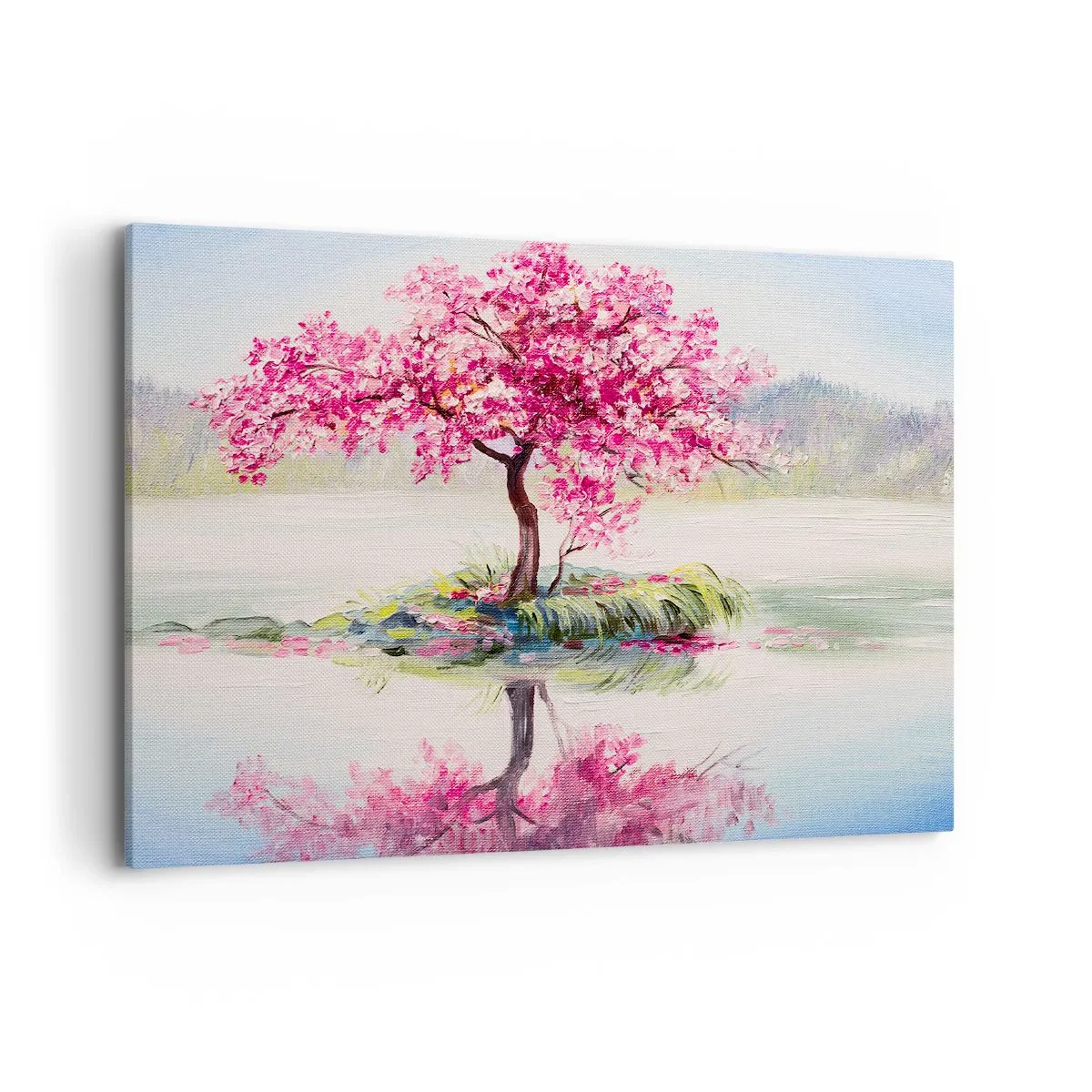 Cuadro sobre lienzo - Impresión de Imagen - Un árbol en flor en aguas tranquilas - 100x70cm - Una celebración de la primavera - Decoración de pared moderna para salón y dormitorio ARTTOR