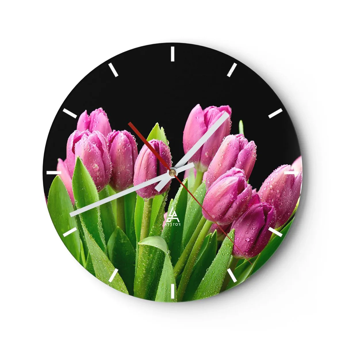 Reloj de pared - Reloj de vidrio - Un ramo de tulipanes rosas con gotas de rocío sobre un fondo oscuro. - 30x30cm - La alegría de la primavera - Decoración de pared moderna para salón, cocina y dormitorio ARTTOR
