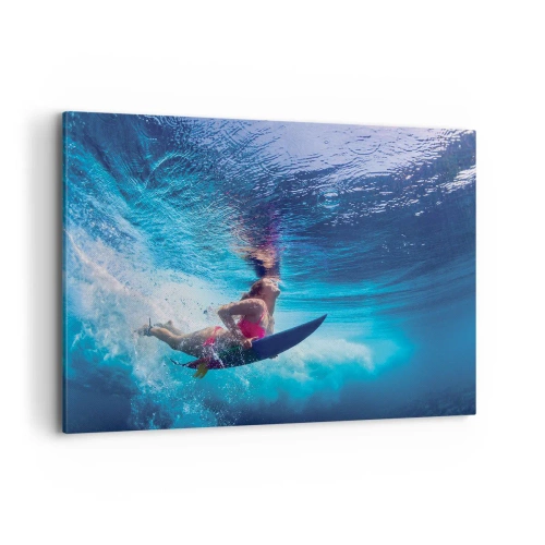 Cuadro sobre lienzo - Impresión de Imagen - Un surfista bajo el agua en una composición dinámica en tonos azules. - 120x80cm - La profundidad de la alegría - Decoración de pared moderna para salón y dormitorio ARTTOR