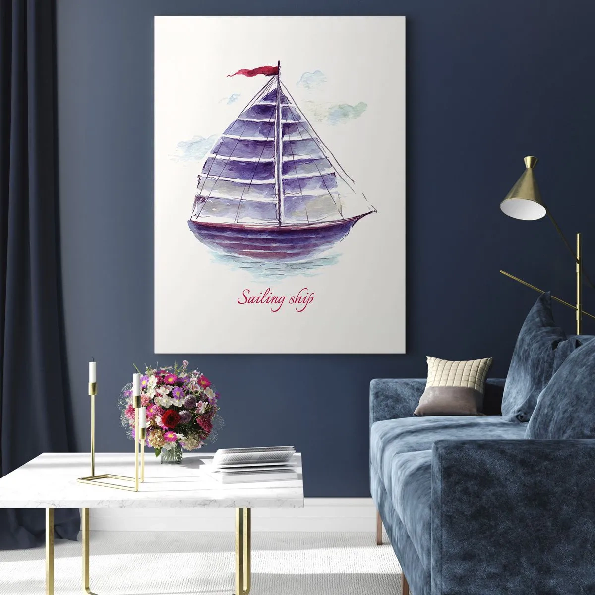 Cuadro sobre vidrio - Impresiones sobre Vidrio - Barco de vela de acuarela con la inscripción Velero - 50x70cm - Velas izadas y aguas tranquilas - Decoración de pared moderna para salón y dormitorio ARTTOR