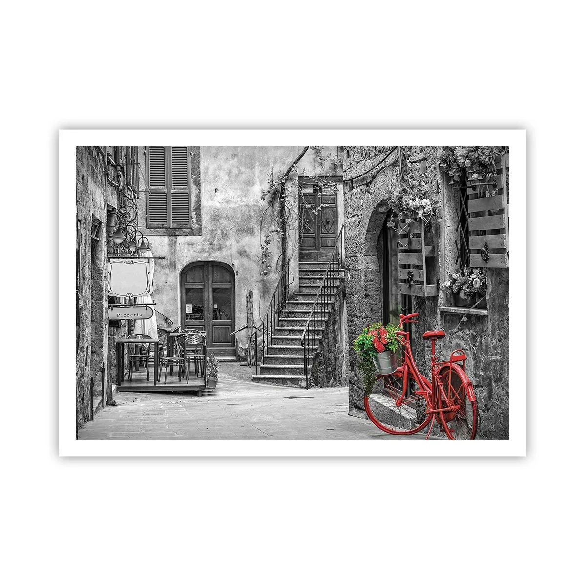 Póster - Una bicicleta roja en una calle en blanco y negro. - 100x70cm - Callejón de la Toscana - Decoración de pared moderna para salón y dormitorio ARTTOR