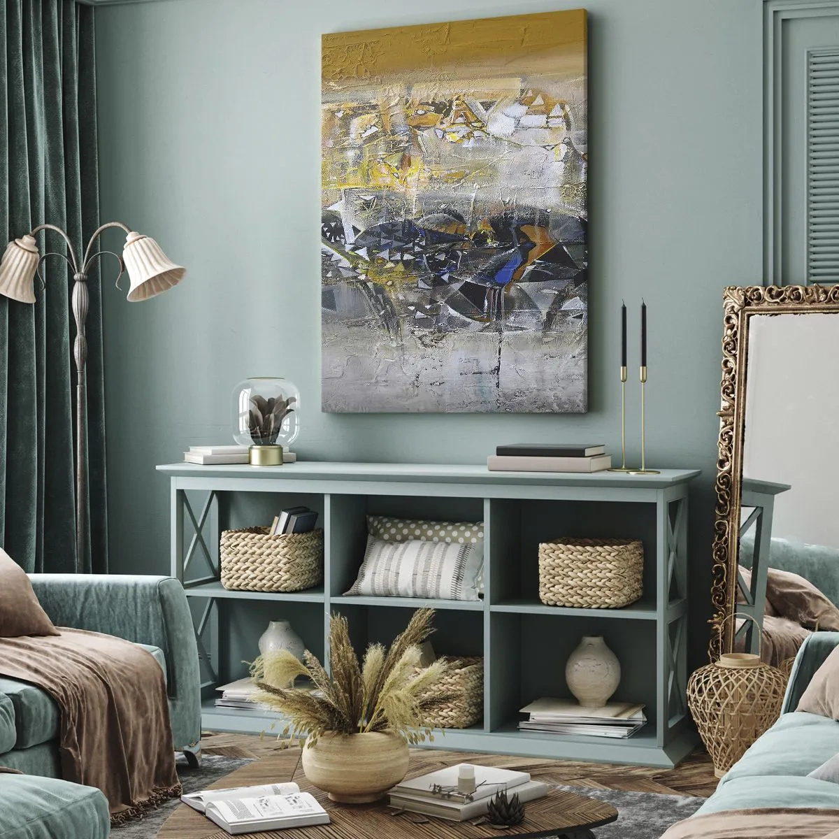 Cuadro sobre lienzo - Impresión de Imagen - Abstracción con tonos dominantes de amarillo y gris. - 80x120cm - Todo se pondrá en su sitio - Decoración de pared moderna para salón y dormitorio ARTTOR