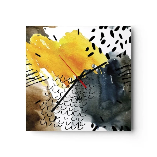 Reloj de pared - Reloj de vidrio - Una composición abstracta con acentos amarillos y patrones gráficos. - 30x30cm - Reunión de los elementos - Decoración de pared moderna para salón y dormitorio ARTTOR