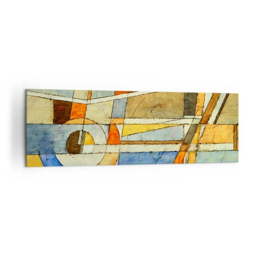 Cuadro sobre lienzo - Impresión de Imagen - Abstracción geométrica en tonos beige, azul y naranja. - 160x50cm - Cubismo en una obra - Decoración de pared moderna para salón y dormitorio ARTTOR