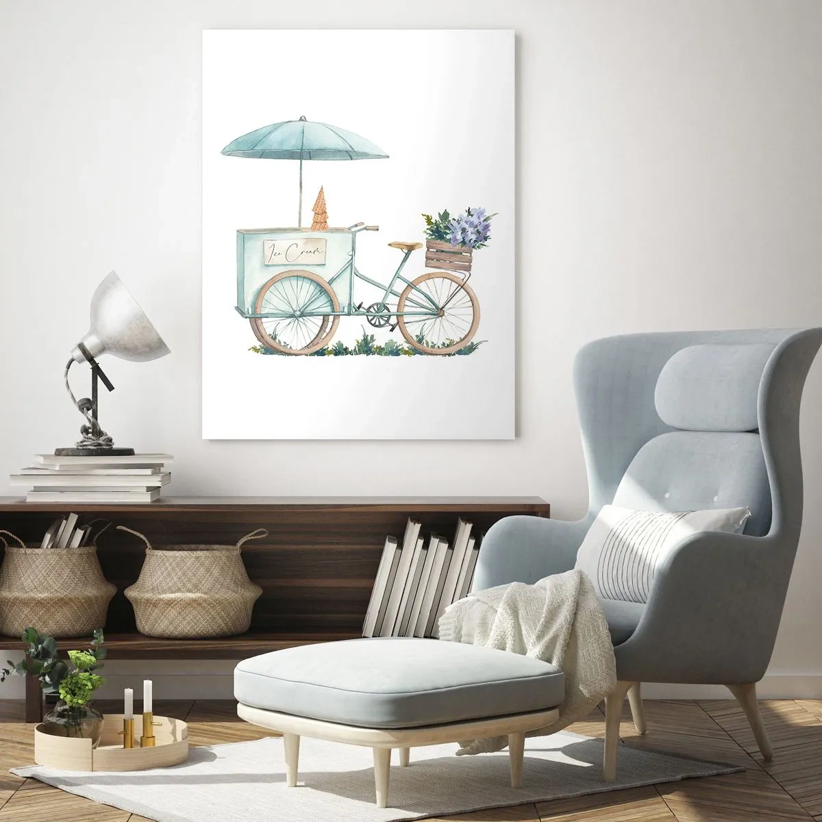 Cuadro sobre vidrio - Impresiones sobre Vidrio - Una bicicleta con helado y flores pastel. - 50x70cm - Dulce recuerdo del verano - Decoración de pared moderna para salón y dormitorio ARTTOR