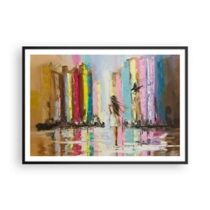 Póster en marco negro - Una ciudad colorida y una mujer con un vestido blanco con un pájaro. - 100x70cm - Sígueme - Decoración de pared moderna para salón y dormitorio ARTTOR