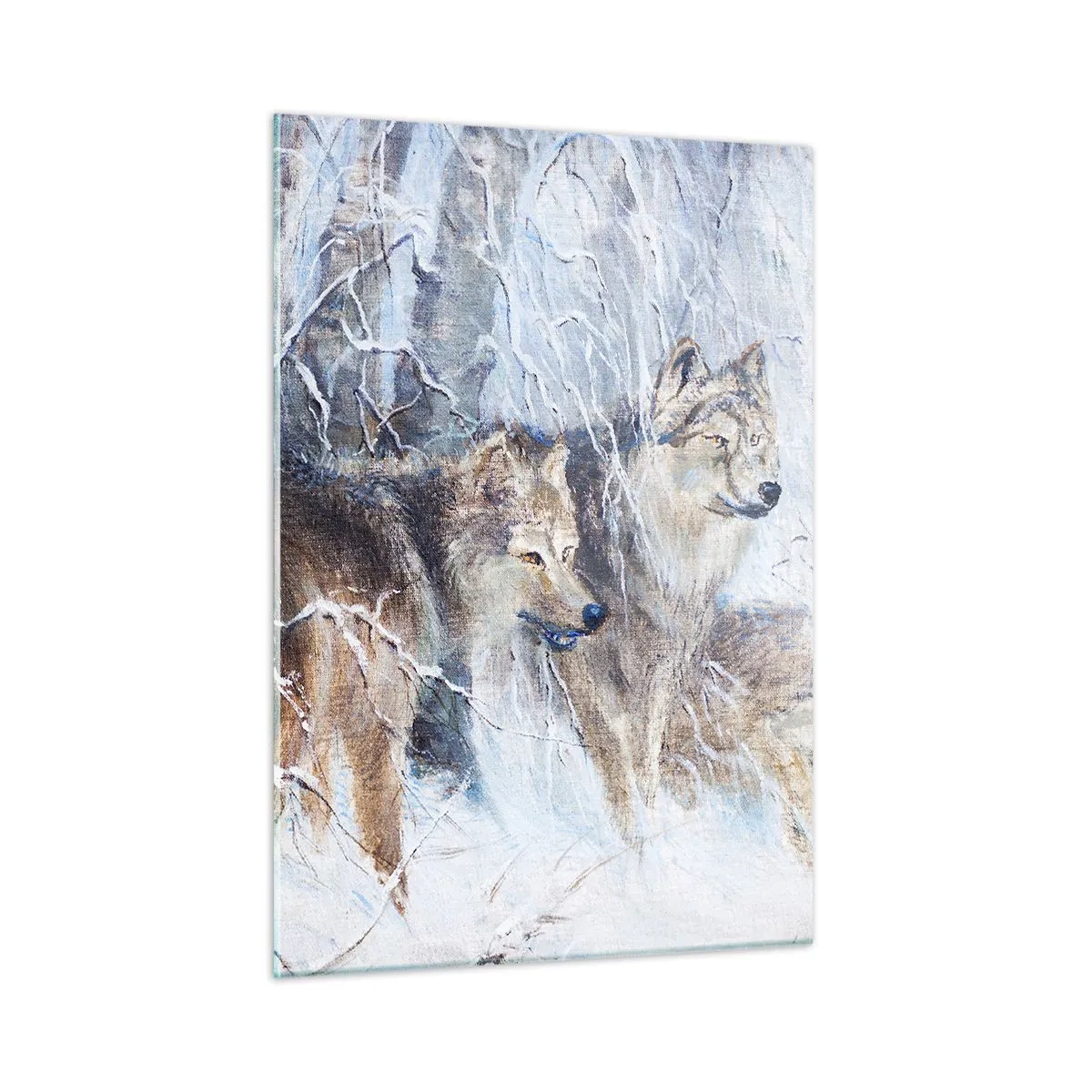 Cuadro sobre vidrio - Impresiones sobre Vidrio - Tres lobos en un bosque invernal rodeado de nieve. - 50x70cm - ¡Cuidado! Aquí viene... - Decoración de pared moderna para salón y dormitorio ARTTOR