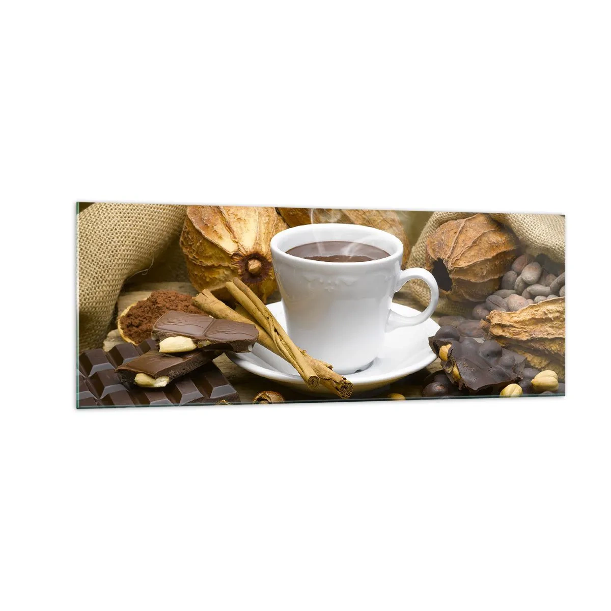Cuadro sobre vidrio - Impresiones sobre Vidrio - Una taza de chocolate caliente rodeada de cacao y canela. - 140x50cm - Para los que buscan emociones - Decoración de pared moderna para salón y dormitorio ARTTOR