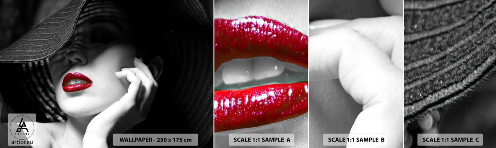 Muestra de fotomural autoadhesivo Deluxe Sticker - Estudio en escarlata - Mujer, labios rojos, Moda - 100x30 cm