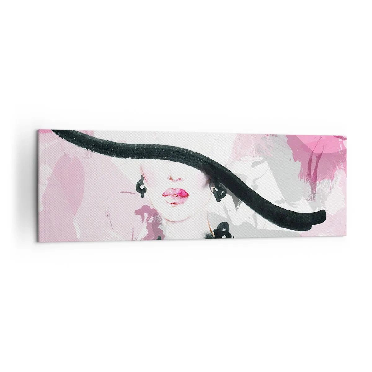 Cuadro sobre lienzo - Impresión de Imagen - Una mujer elegante con sombrero sobre un fondo de abstracciones rosas. - 160x50cm - Retrato de una dama en negro y rosa - Decoración de pared moderna para salón y dormitorio ARTTOR
