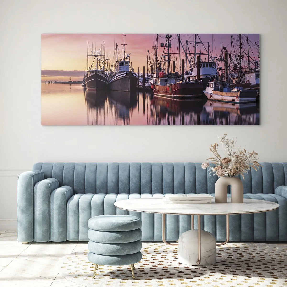 Cuadro sobre vidrio - Impresiones sobre Vidrio - Barcos de pesca en el puerto al atardecer - 140x50cm - Descanso antes de partir - Decoración de pared moderna para salón y dormitorio ARTTOR