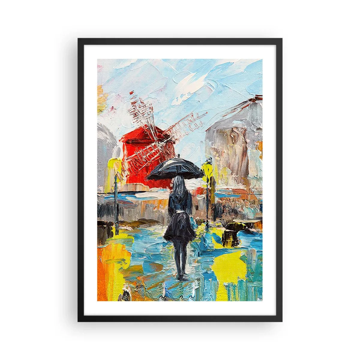 Póster en marco negro - Una mujer con un paraguas con el telón de fondo de una ciudad bajo la lluvia. - 50x70cm - Leyendas parisinas - Decoración de pared moderna para salón y dormitorio ARTTOR
