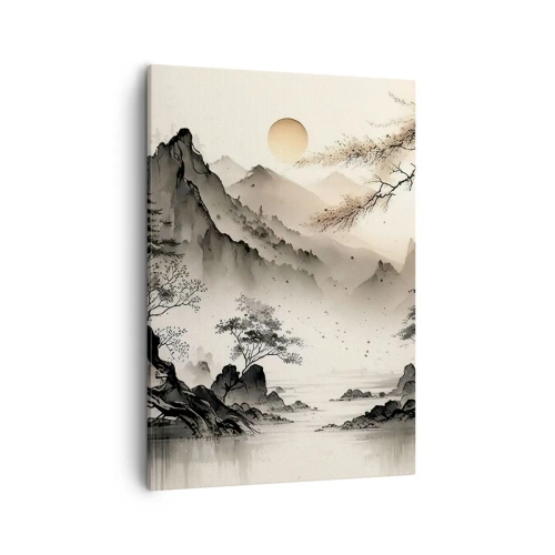 Cuadro sobre lienzo - Impresión de Imagen - Un paisaje oriental con montañas y una pagoda en tonos delicados. - 50x70cm - El encanto único de Oriente - Decoración de pared moderna para salón y dormitorio ARTTOR