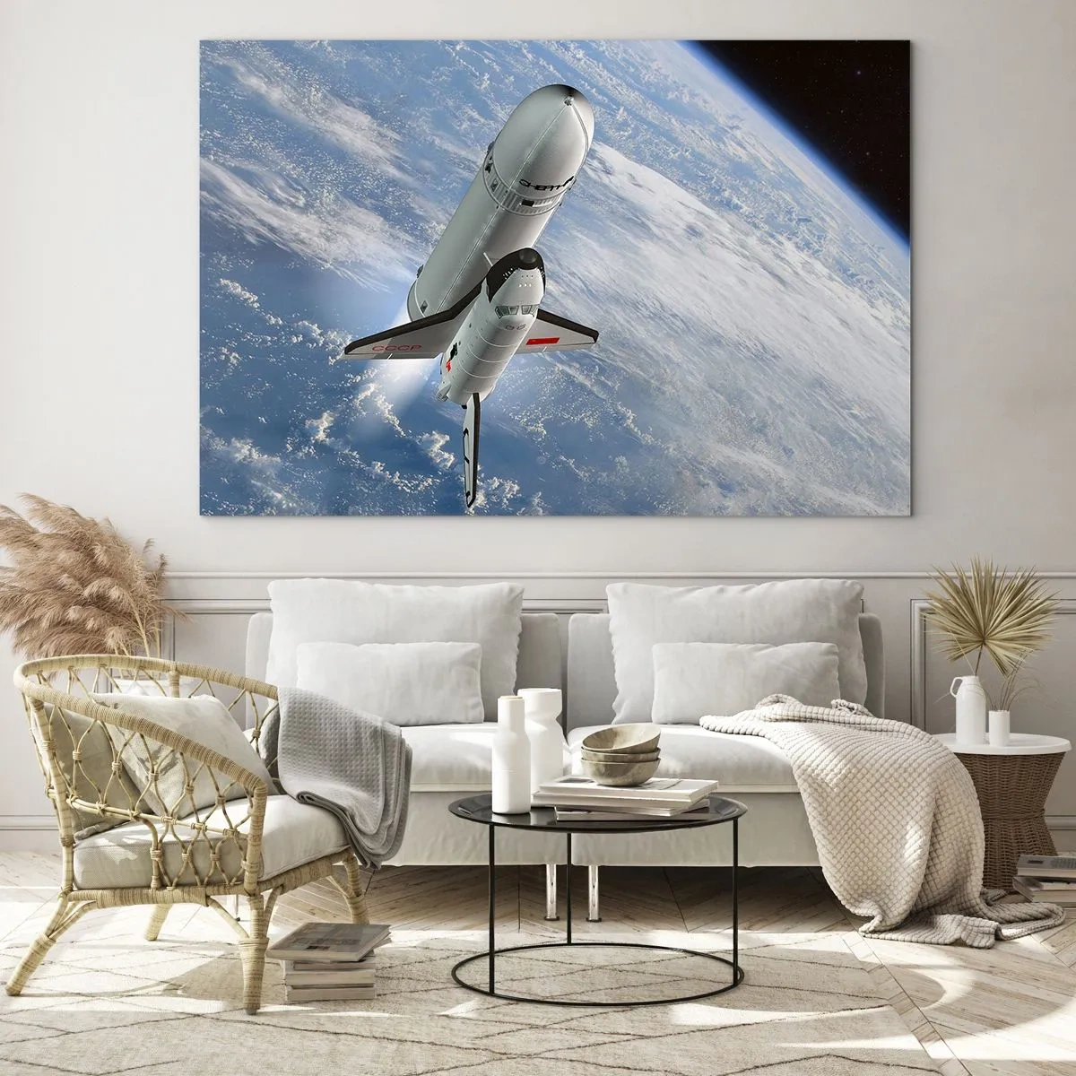 Cuadro sobre vidrio - Impresiones sobre Vidrio - Un transbordador espacial despegando en el espacio con la Tierra al fondo. - 120x80cm - Ascensión cósmica - Decoración de pared moderna para salón y dormitorio ARTTOR