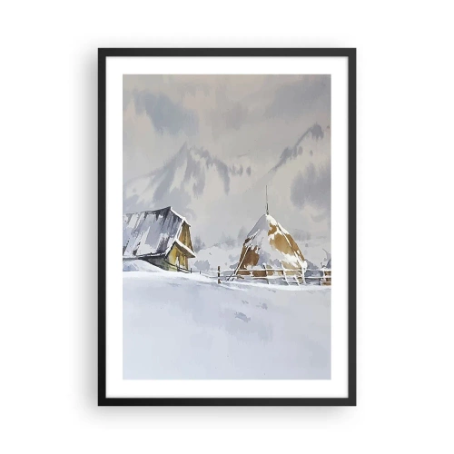 Póster en marco negro - Paisaje invernal con una cabaña y un pajar en las montañas - 50x70cm - En un valle nevado - Decoración de pared moderna para salón y dormitorio ARTTOR