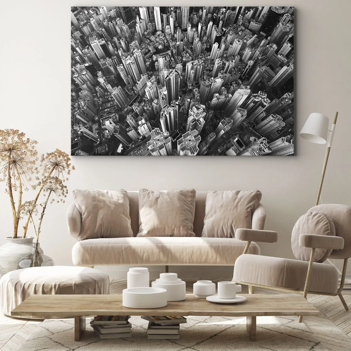 Cuadro sobre lienzo - Impresión de Imagen - Vista aérea de la ciudad en blanco y negro - 70x50cm - Cada vez más alto - Decoración de pared moderna para salón y dormitorio ARTTOR