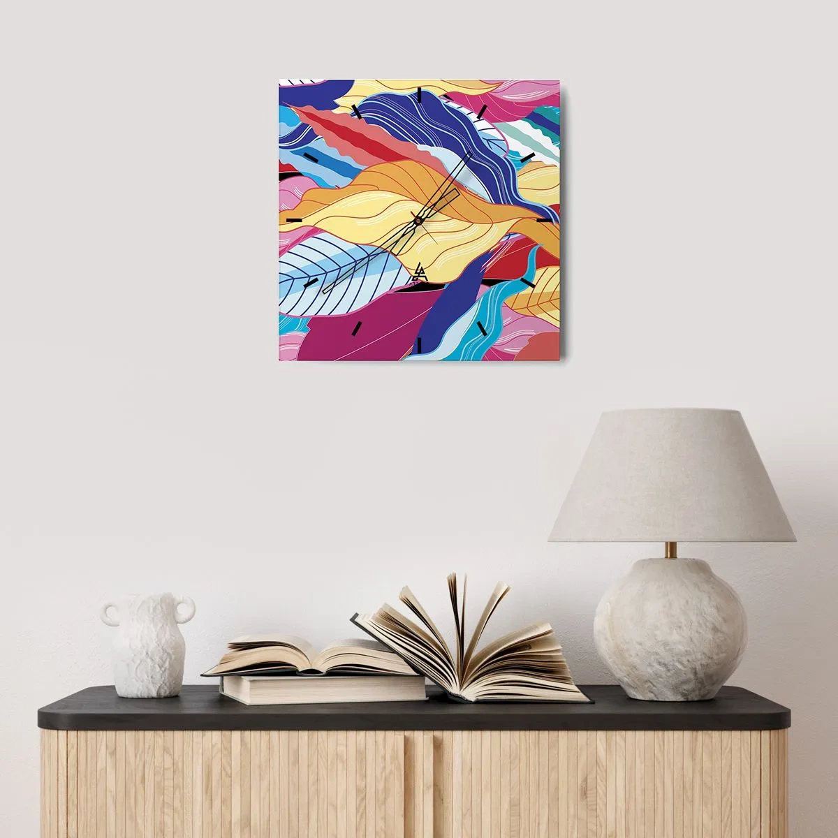 Reloj de pared - Reloj de vidrio - Las hojas de colores vibrantes crean una composición dinámica. - 30x30cm - Desorden colorido - Decoración de pared moderna para salón y dormitorio ARTTOR