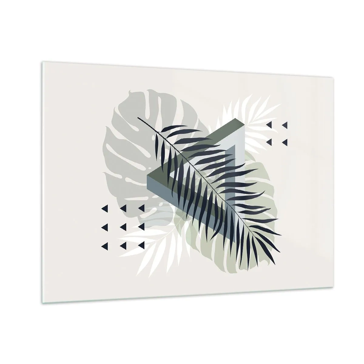 Cuadro sobre vidrio - Impresiones sobre Vidrio - Una moderna composición geométrica de hojas. - 100x70cm - Naturaleza y geometría - Decoración de pared moderna para salón y dormitorio ARTTOR