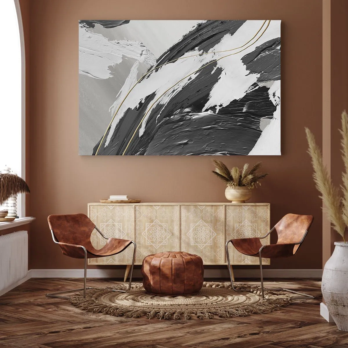 Cuadro sobre lienzo - Impresión de Imagen - Trazos de pintura en blanco y negro con un sutil acento dorado. - 70x50cm - Abstracción con estilo - Decoración de pared moderna para salón y dormitorio ARTTOR