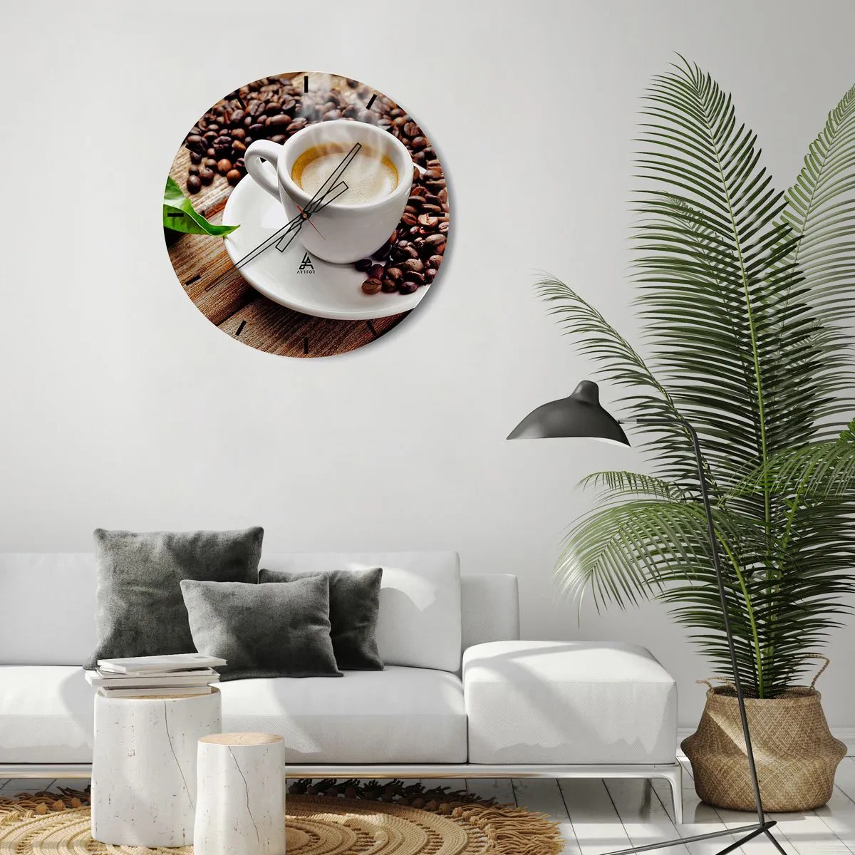 Reloj de pared - Reloj de vidrio - Una taza de café con granos sobre un fondo de madera. - 30x30cm - Café en el banco - Decoración de pared moderna para salón, cocina y dormitorio ARTTOR