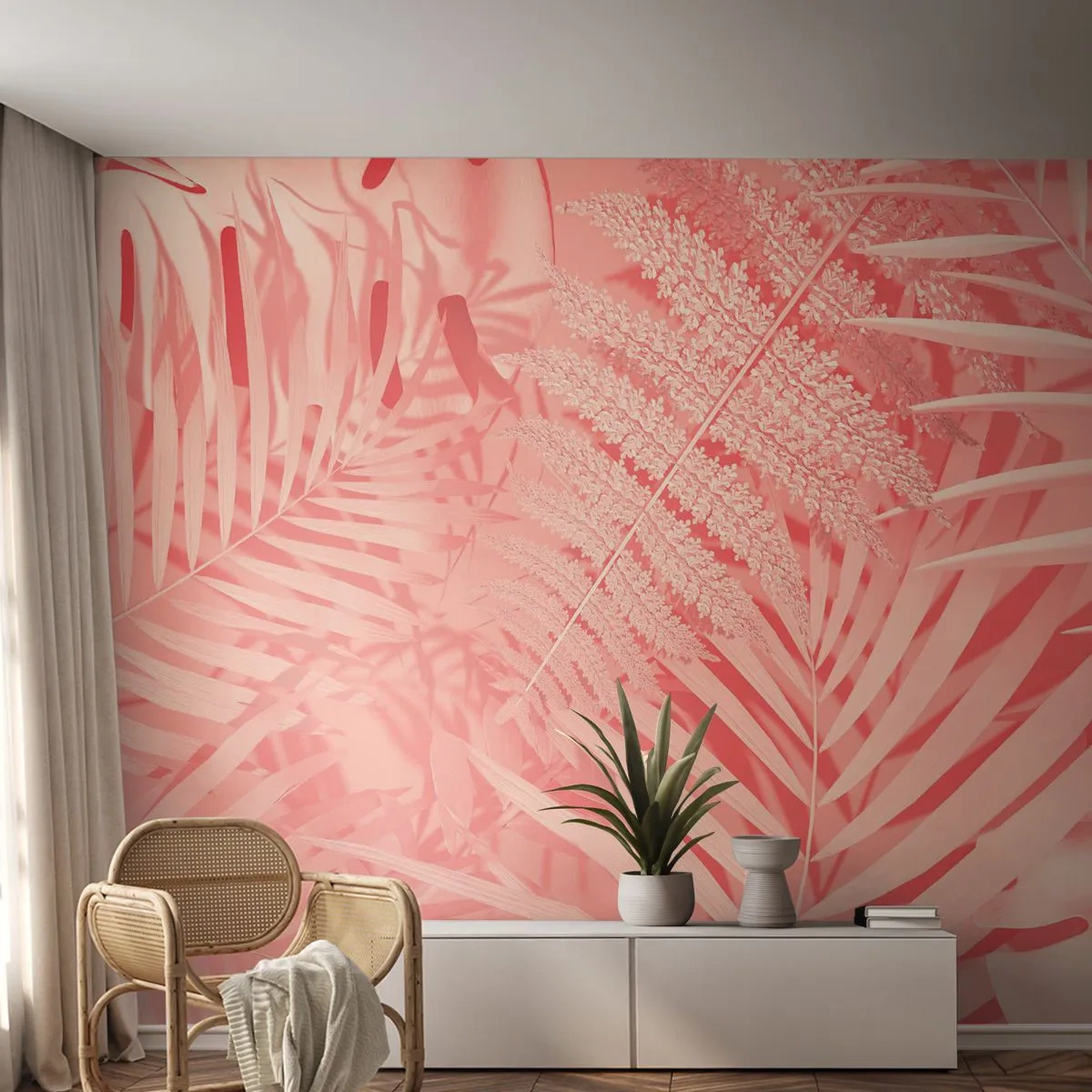 Fotomural Premium Canvas - Concepto rosa - Abstracción, Hoja de palma, Gráficos - 250x175 cm
