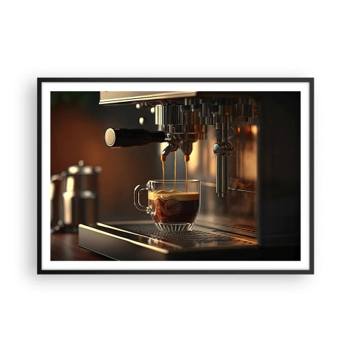 Póster en marco negro - Cafetera con una taza de espresso aromático. - 100x70cm - Un brebaje sensual - Decoración de pared moderna para salón y dormitorio ARTTOR