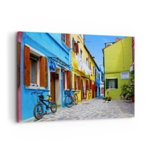 Cuadro sobre lienzo - Impresión de Imagen - Una calle colorida con bicicletas entre edificios de color pastel. - 100x70cm - Callejón dulce de color pastel - Decoración de pared moderna para salón y dormitorio ARTTOR