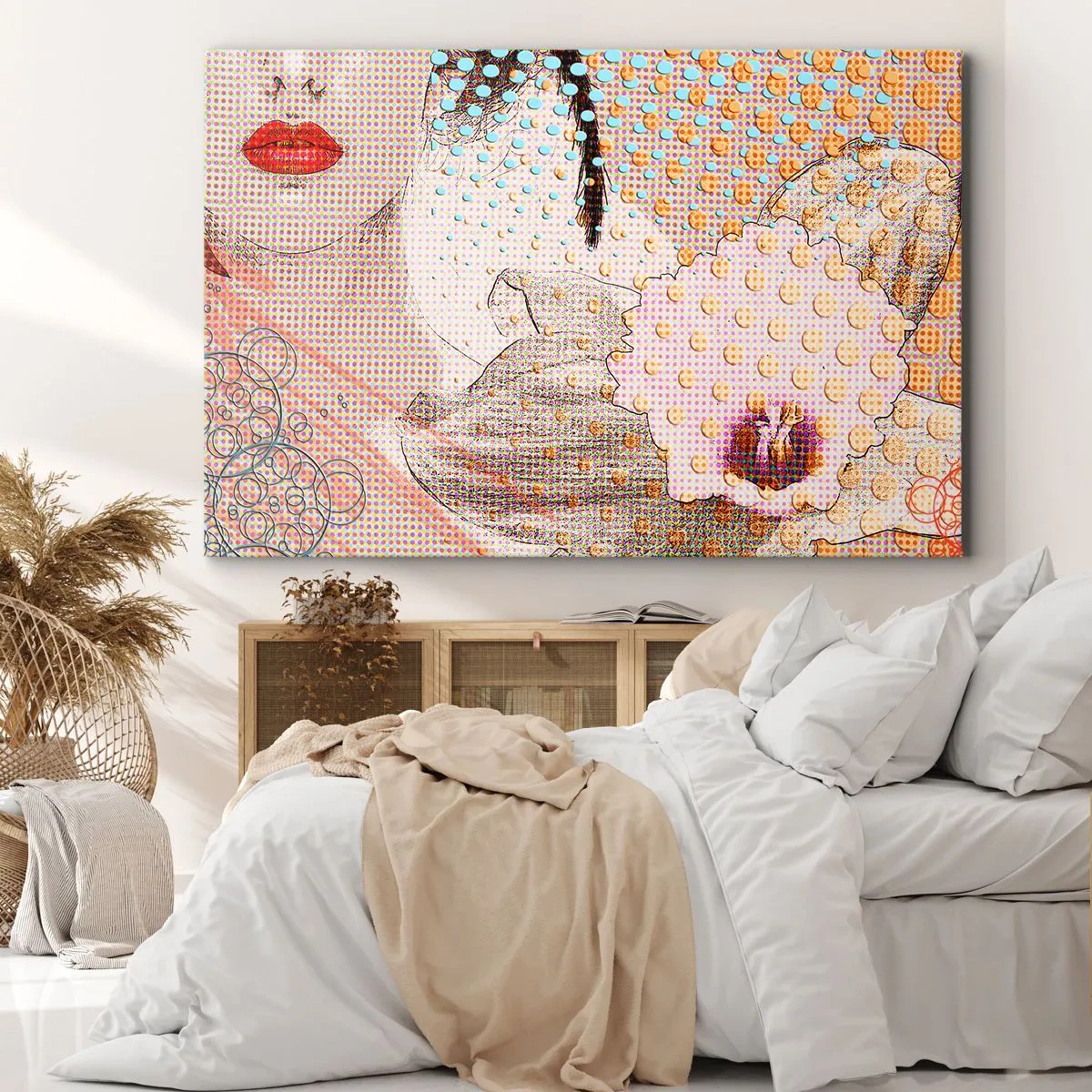 Cuadro sobre lienzo - Impresión de Imagen - Obra abstracta con motivo de boca y orquídea. - 70x50cm - Heroína de cómic - Decoración de pared moderna para salón y dormitorio ARTTOR