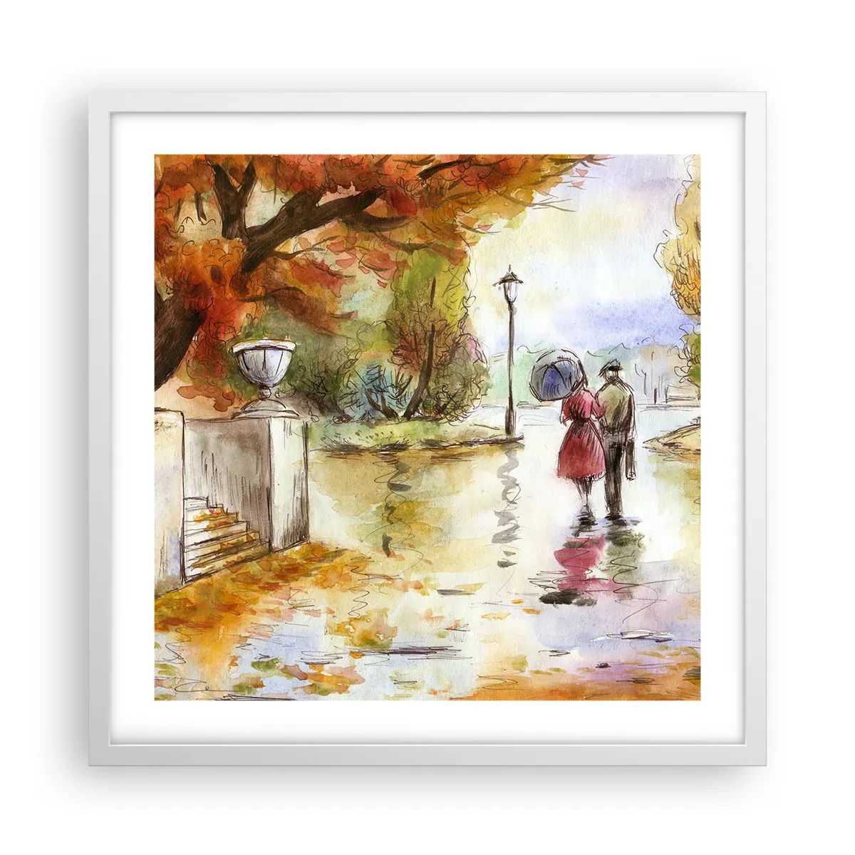 Póster en marco blanco - Un otoño romántico en el parque - 50x50 cm